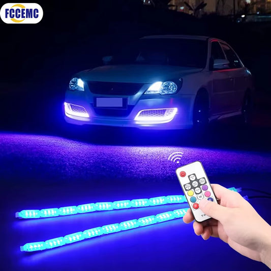 2Pcs RGB DRL LED Daytime Running Driving Light Strip Remote Control Flexible Waterproof Headlight Turn Signal Yellow Lamp 12V